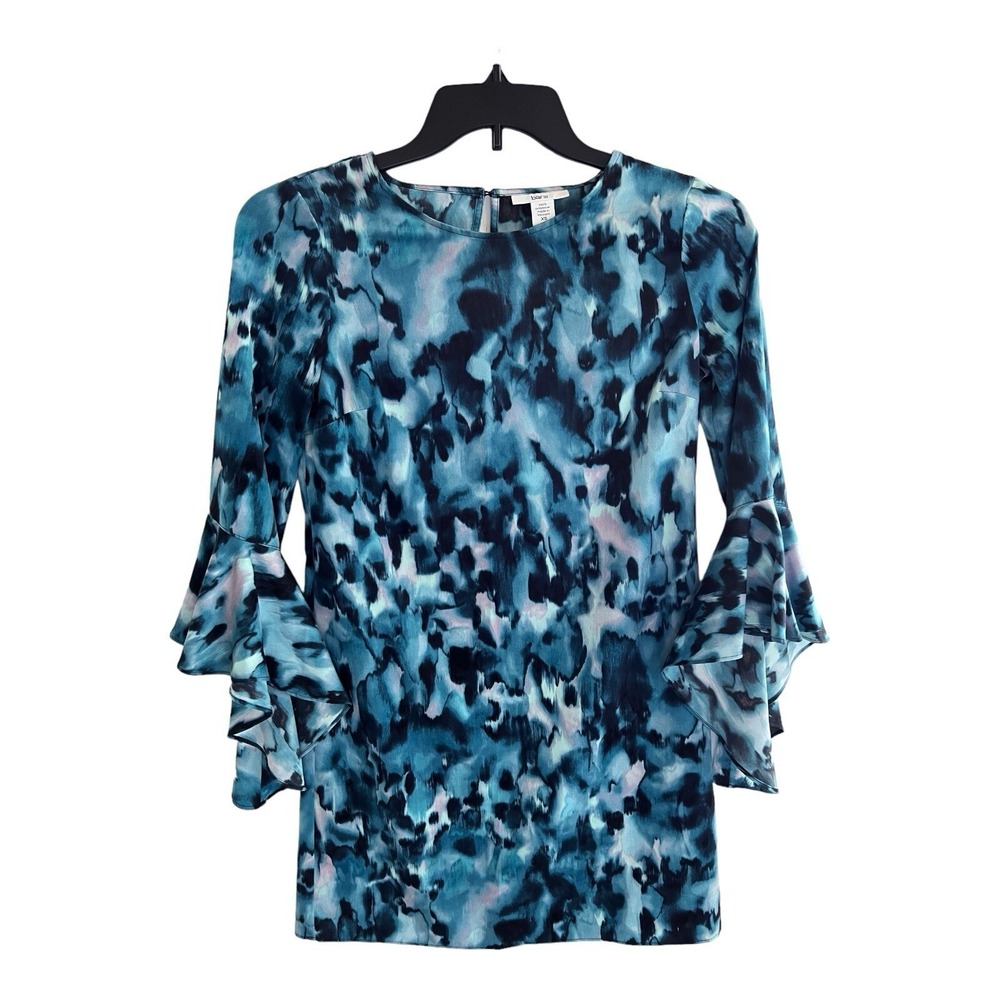 Bar III XS Watercolor Mini Dress Blue Ruffled Sleeves Extra Small Dress